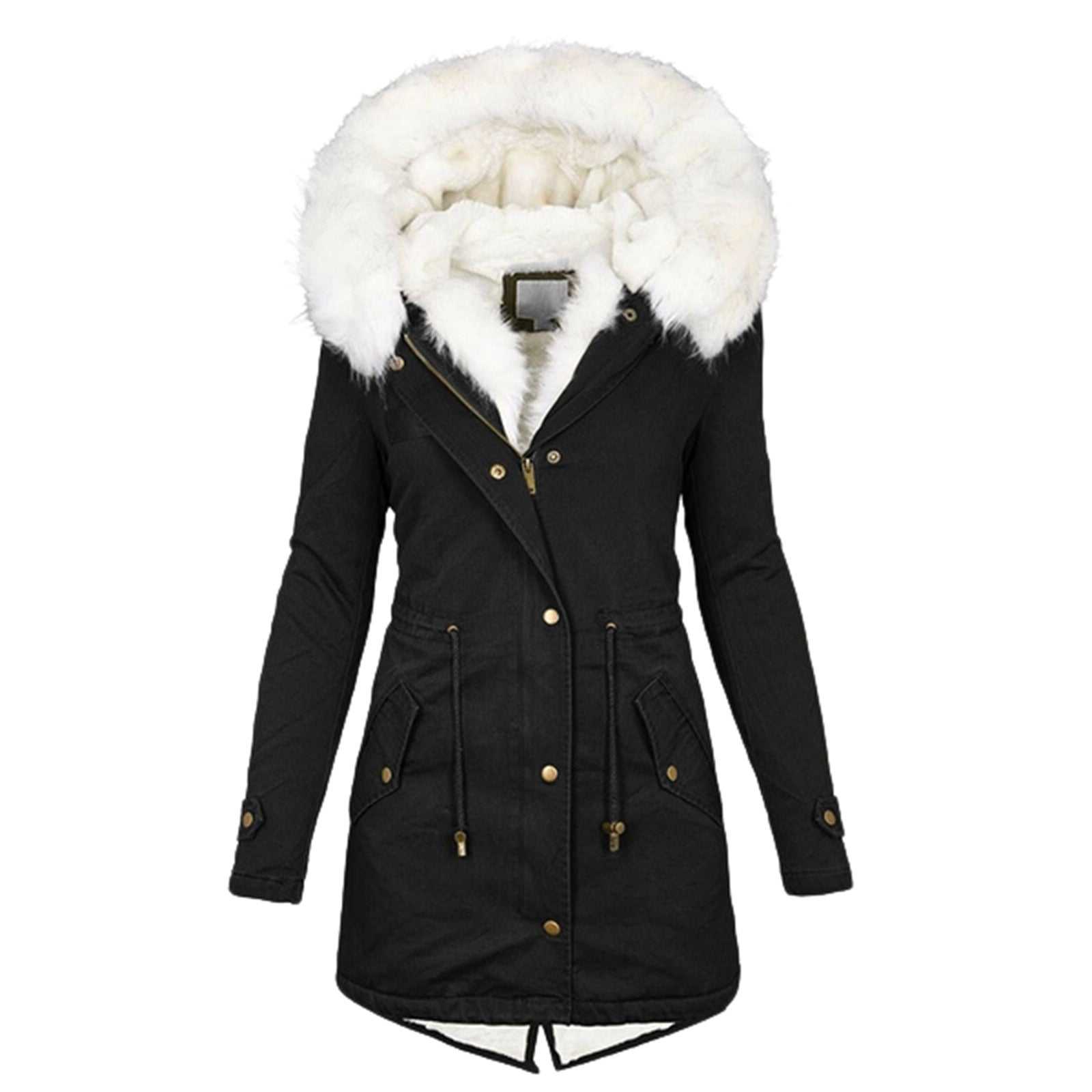 Dames katoenen jas zwarte parka met witte faux bontkraag en knoopsluiting