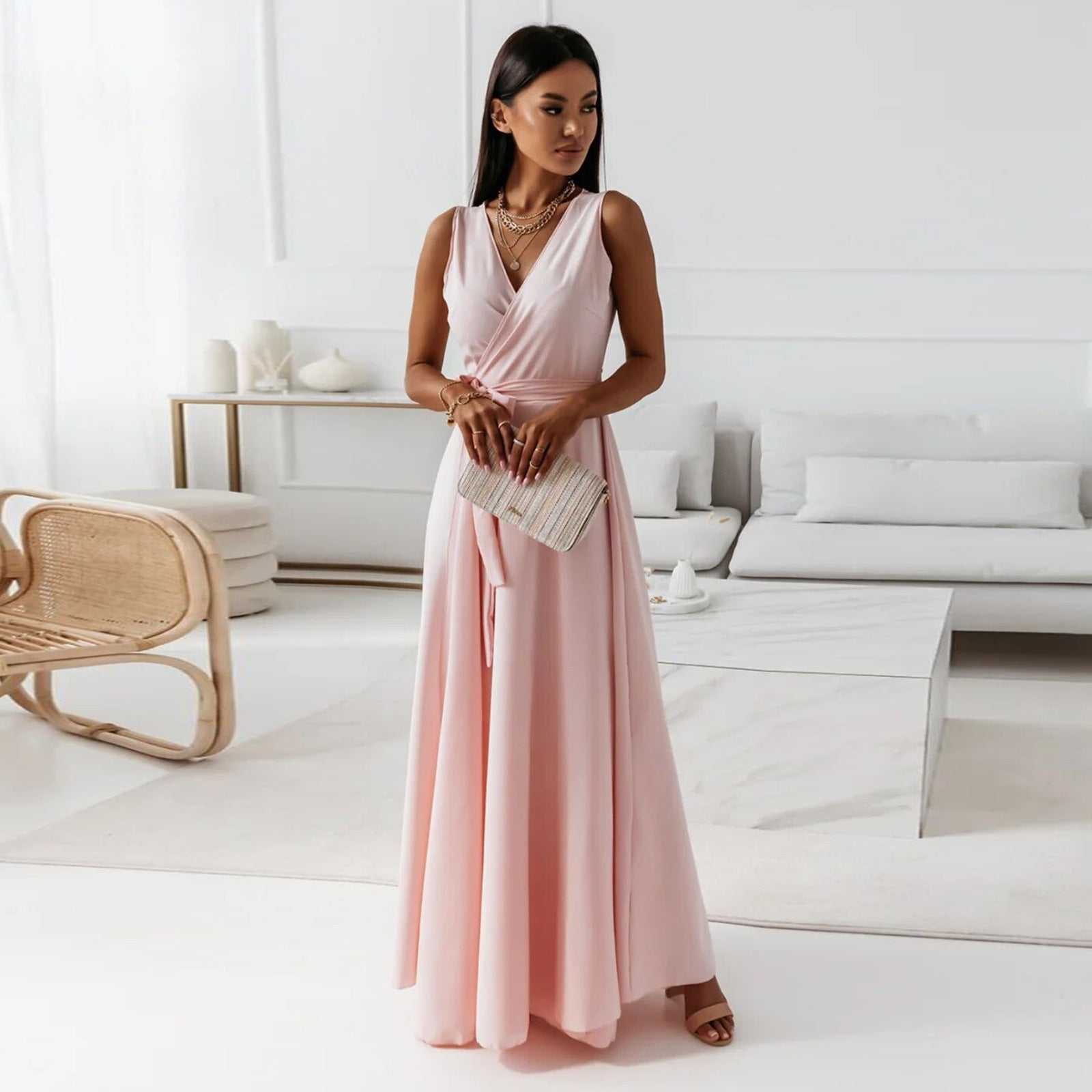 V-hals mouwloze jurk met riem Zomermode Feestclub Avond Maxi-jurken voor dameskleding Nexora Store