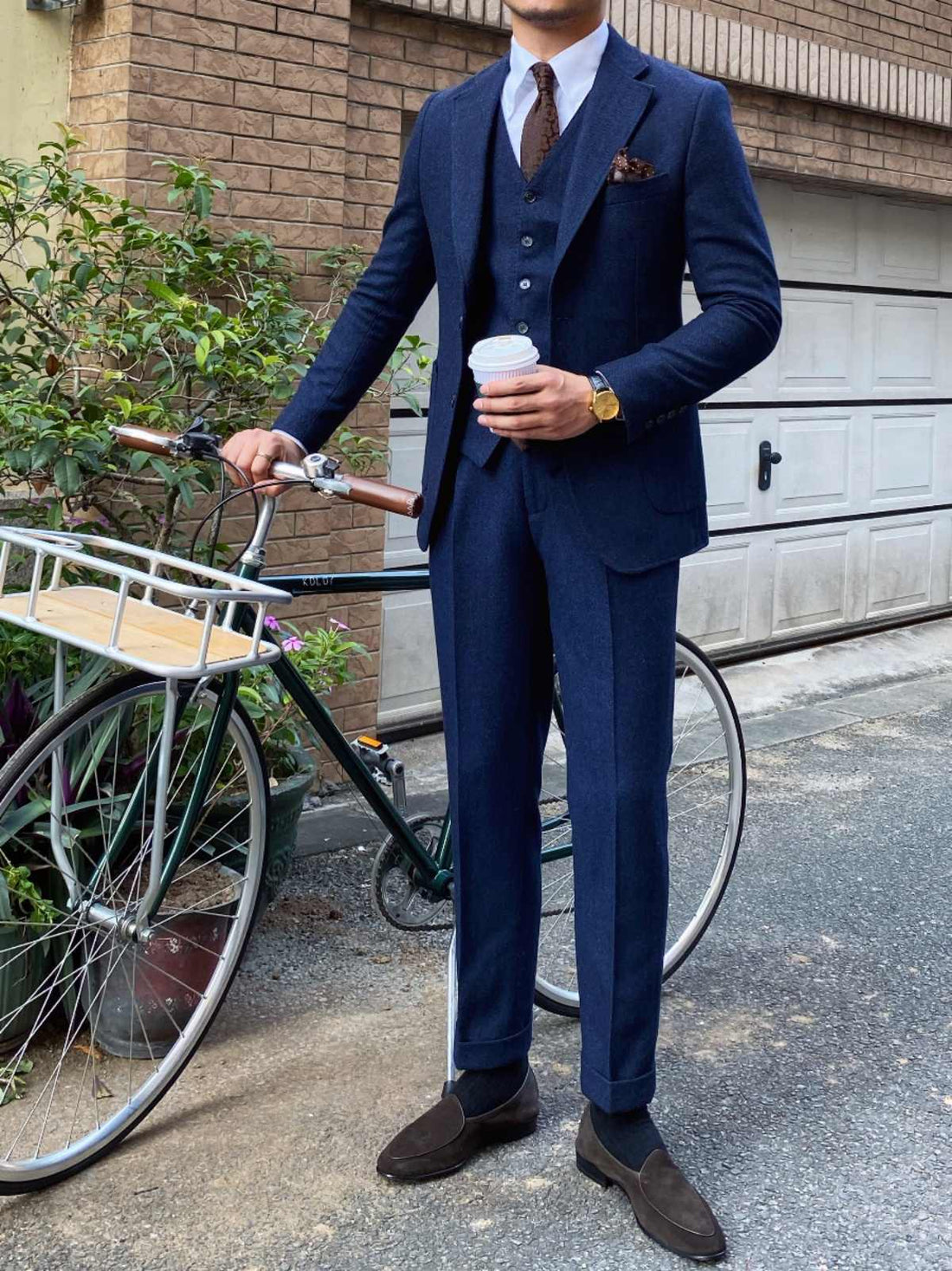 Herfst winter retro visgraat wollen slim fit herenpak in marineblauw met drie delige jas, vest en broek