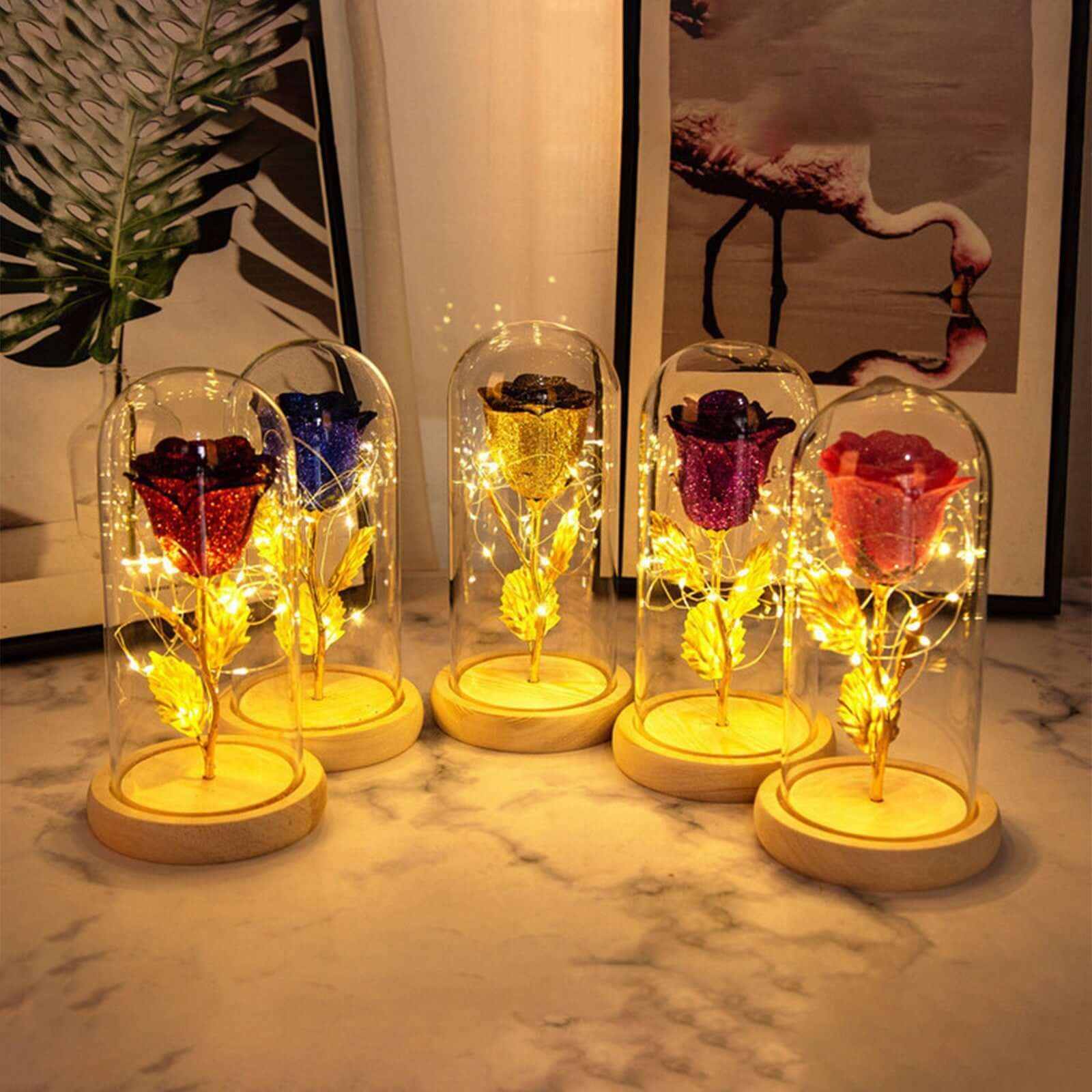 Valentines Day Gift LED eternal rose flowers in glass dome with warm white light decoration