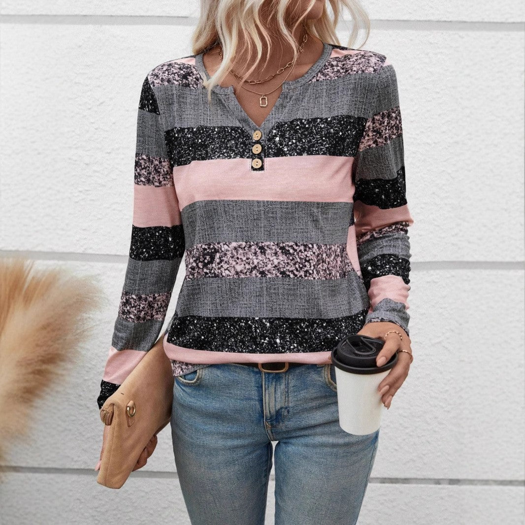 Gestreepte V-hals trui met roze, zwarte en grijze strepen, lange mouwen, casual stijl