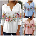 Modieus nieuw dames T-shirt met bloemenprint, V-hals en driekwartmouwen in wit, blauw en roze kleuren
