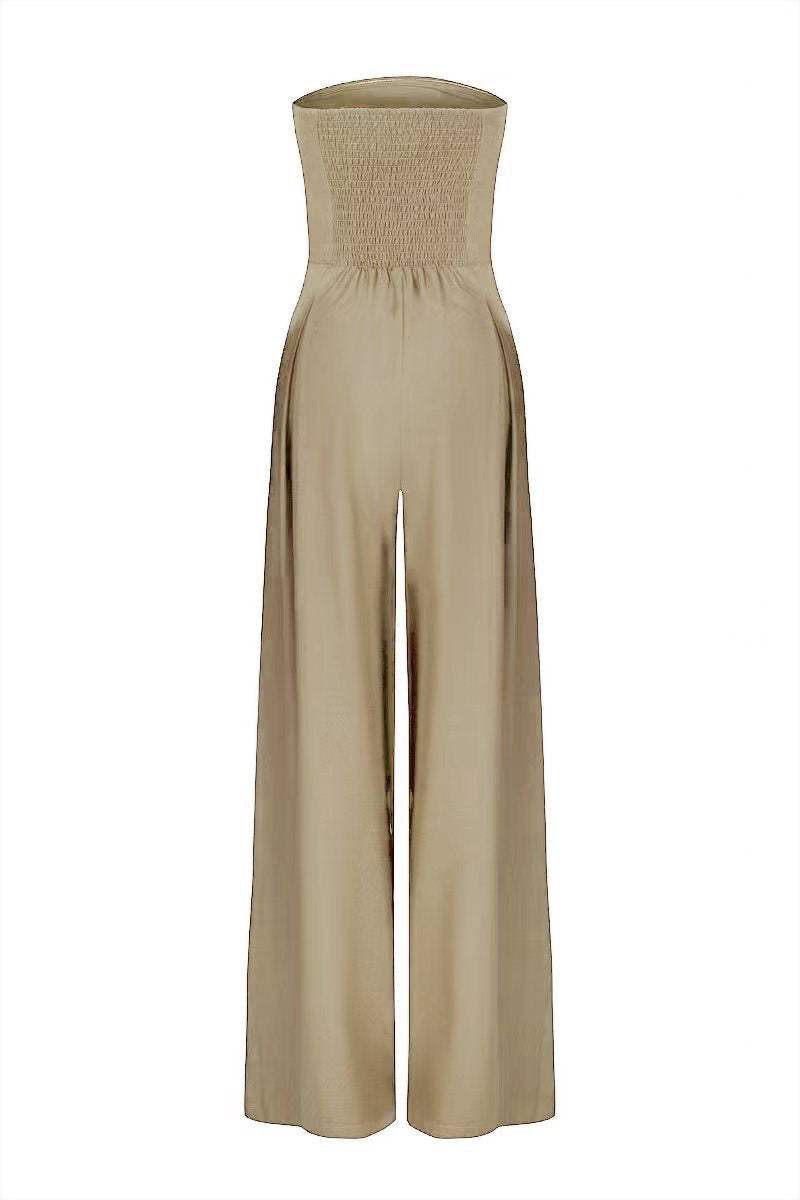 Losse tube-top jumpsuit in beige polyester with wide legs and strapless design