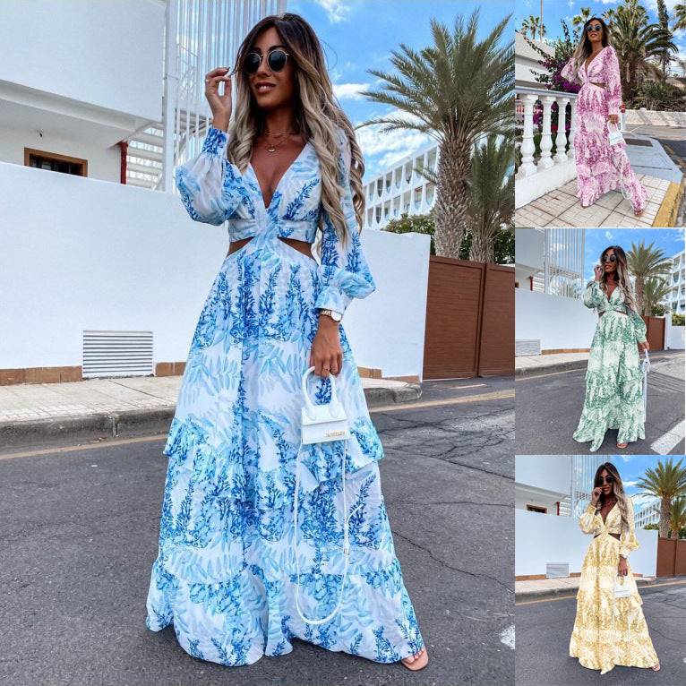 Elegante damesjurk met V-hals, lange mouwen en lente-zomerprint in verschillende kleuren