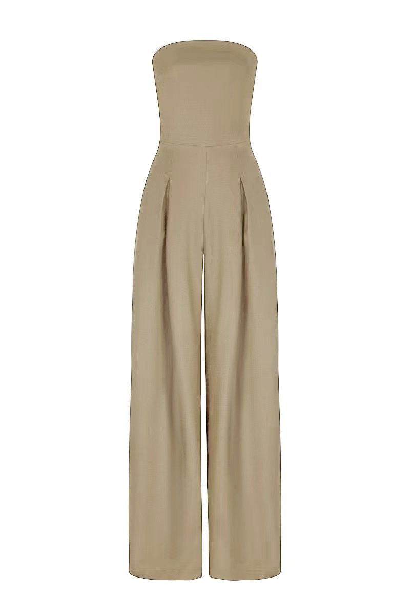 Losse Tube-top Jumpsuit in beige polyester, sleeveless elegant wide-leg design