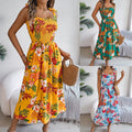Vrouwen bloemenprint jarretelle korset jurk in gele, blauwe en groene kleuren, zomerse strandlange jurk