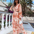 Elegante damesjurk met holle vloer, V-hals en lange mouwen, lange jurken, lente-zomerprint, V-hals en lange mouwen Nexora Store