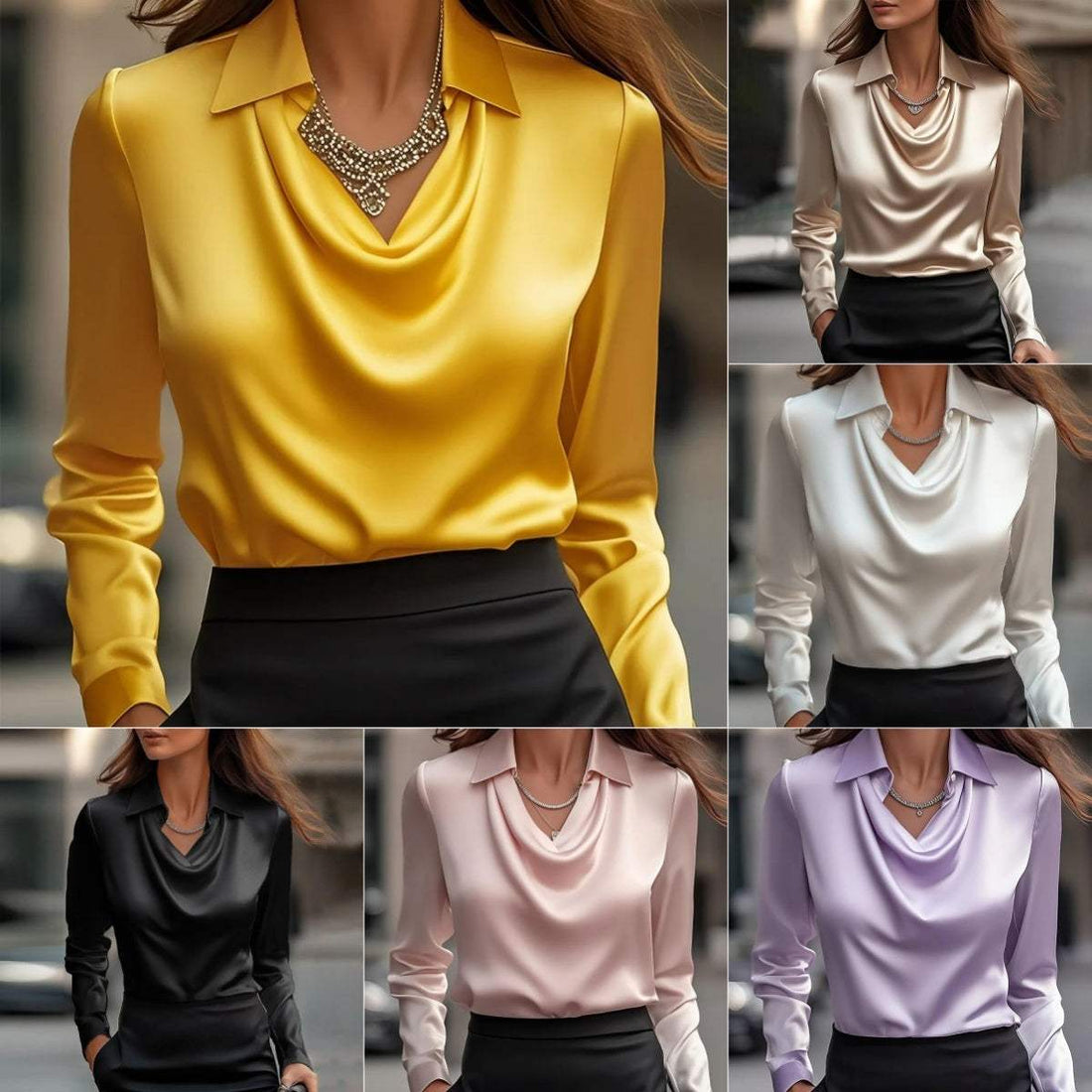 Dames swing collar gedrapeerde satijnen blouse in verschillende effen kleuren met lange mouwen voor kantoor en casual stijl