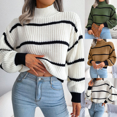 Casual striped lantern sleeve half high neck knitted sweater in khaki, white, and military green colors