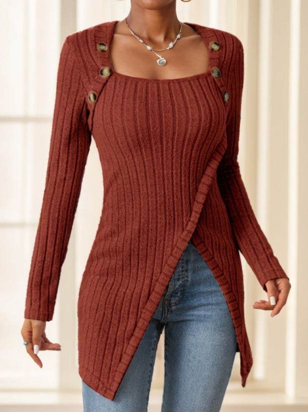 dames casual slim fit geribbelde gebreide lange mouw top met vierkante hals en knoopdecoratie in bruin