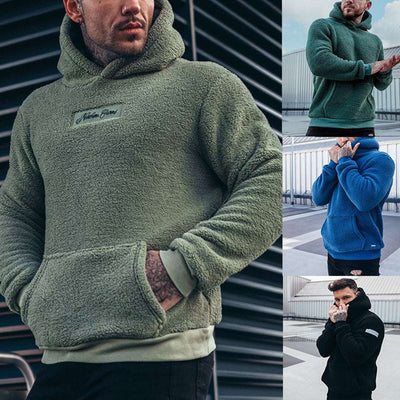 Men's plush hoodies sweatshirt with big pocket, long-sleeved pullover in olive green, blue, dark green, and black colors, stylish and comfortable cotton fashion top.