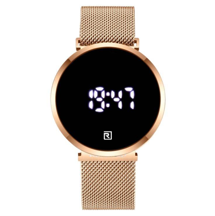 digitaal herenhorloge met roségouden stalen mesh band en modern LED-display