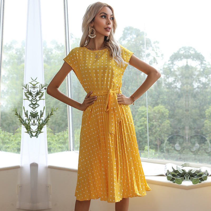 Zomer Dames Polka Dot Korte Mouw Jurk Casual Bandage Feest Geplooide Midi Jurken Elegante Groene Kantoor Dame Kleding Nexora Store