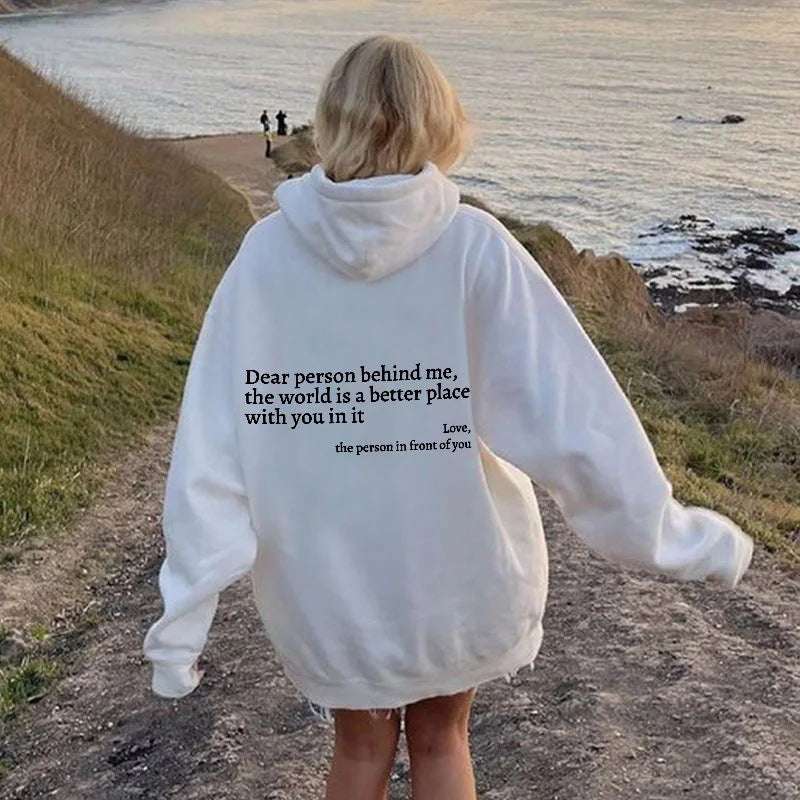 dames witte hoodie met pluche letters en kangoeroezak, unisex casual trui met capuchon en trekkoord