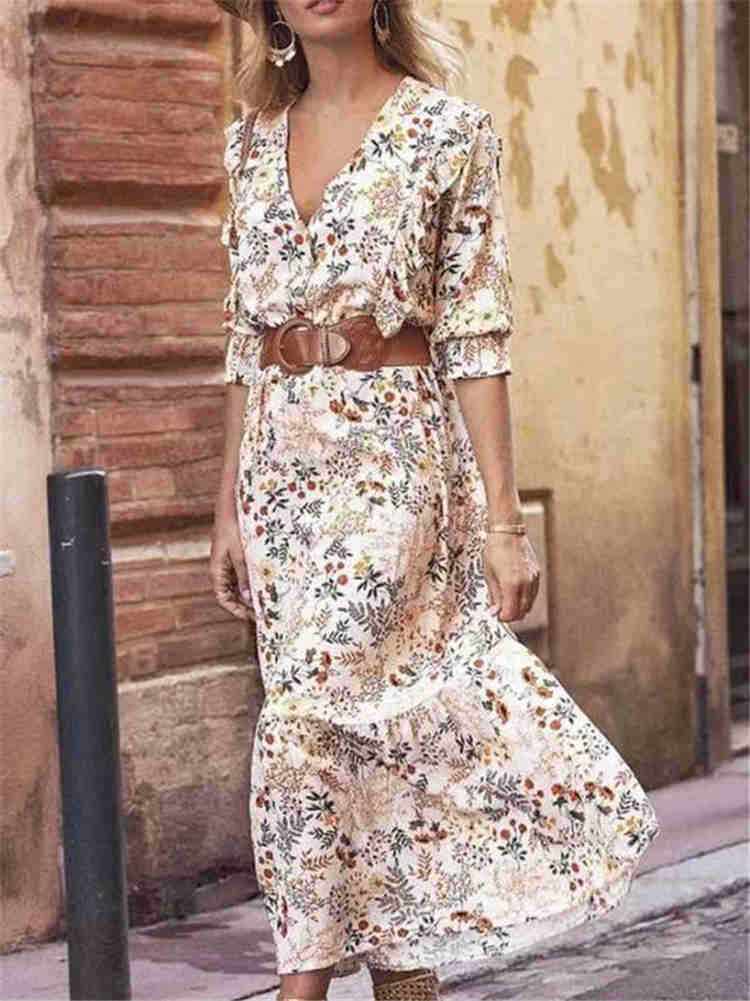 Beige jurk met lange mouwen en bloemenprint en V-hals Nexora Store