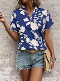 Grote bloemenprint V-hals vleermuismouwen casual los overhemd Nexora Store