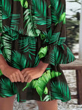 Volledige grootte bloemen off-shoulder mini-jurk met groene bladprint en volantmouwen in grote maten