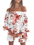 Volledige grootte bloemen off-shoulder mini-jurk met volantmouwen en grote maten in wit met roze bloemmotief