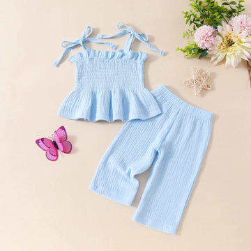 Hemelsblauw baby kindervest top en broek set voor meisjes, mouwloos en polyester, geschikt voor 6 maanden tot 3 jaar