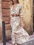 Beige jurk met lange mouwen en bloemenprint en V-hals Nexora Store