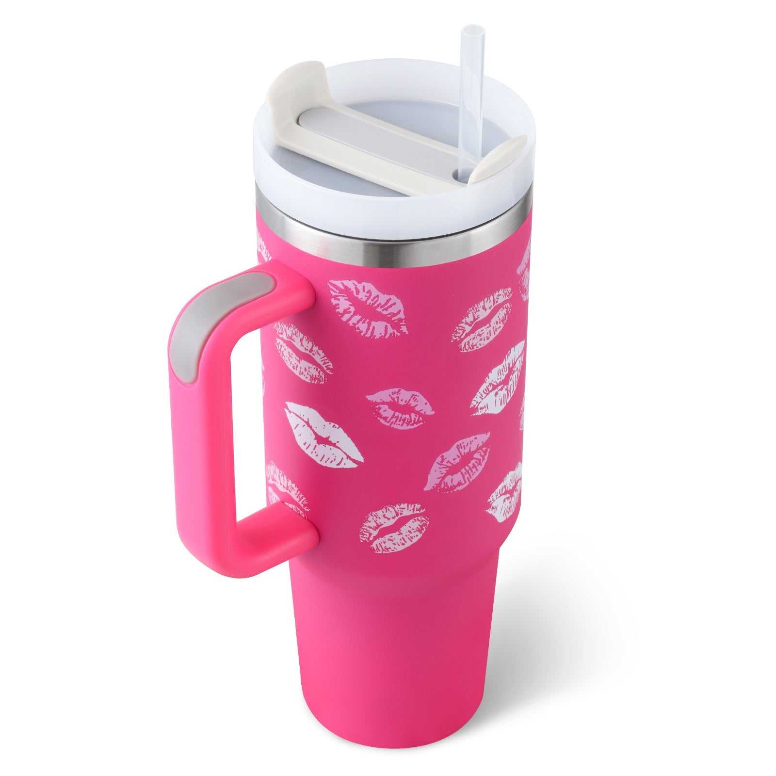 40 Oz Tumbler pink roestvrij staal met handvat, rietje, geïsoleerd en morsbestendig, koffiebeker met deksel en lips afdrukken ontwerp