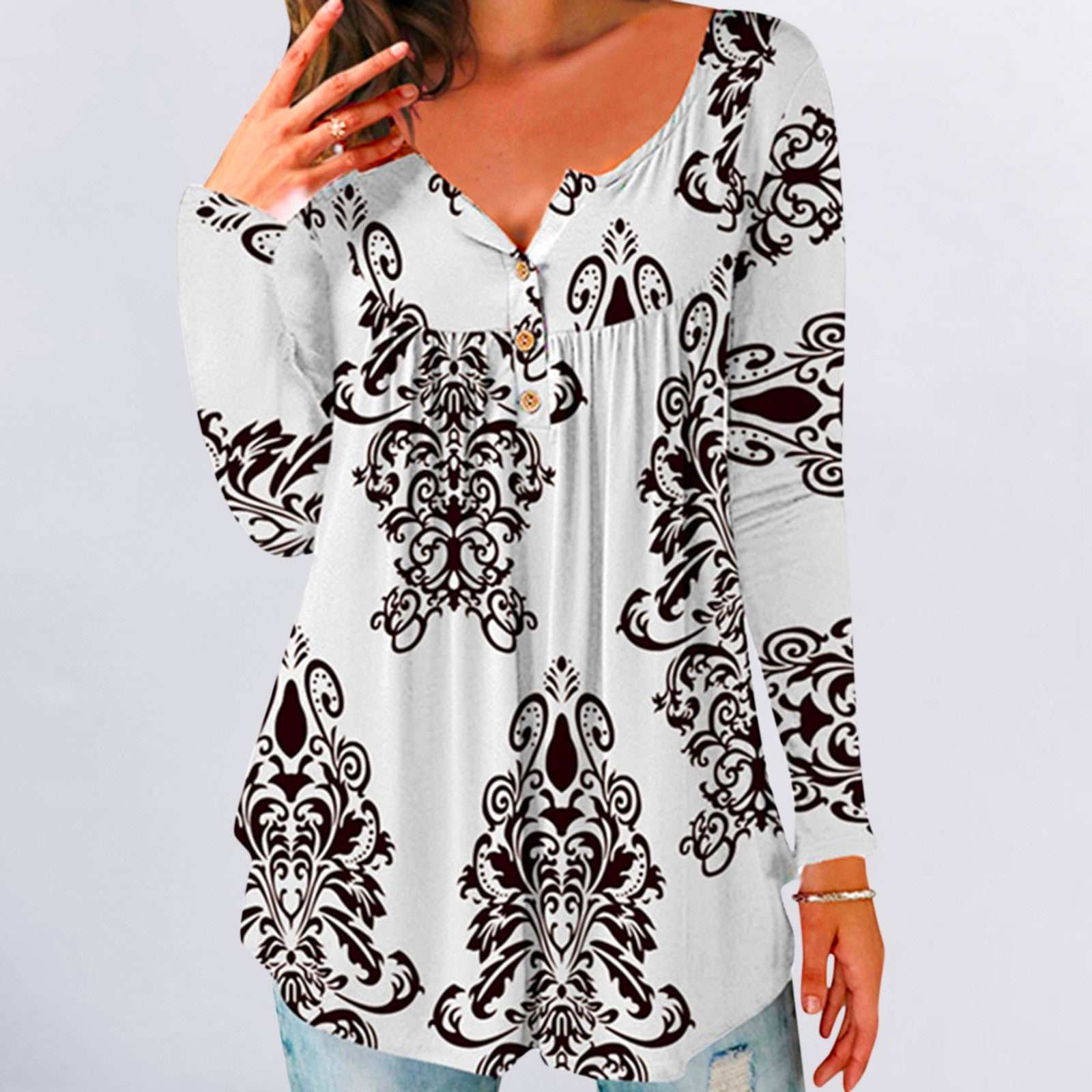 Geplooid bloemenshirt met lange mouwen en V-hals Nexora Store