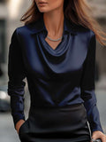 Dames Swing Collar Gedrapeerde Shirts & Blouses Elegante Effen Satijnen Kantoor Dames Top Pullover Lente Lange Mouw Casual Tops Mijn winkel