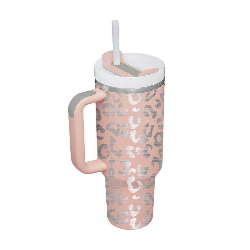 40 oz geïsoleerde roestvrijstalen tumbler met handvat, rietje en lekvrije deksel, roze luipaard print, geschikt voor warme en koude dranken onderweg