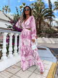Elegante damesjurk met holle vloer, V-hals en lange mouwen, lange jurken, lente-zomerprint, V-hals en lange mouwen Nexora Store