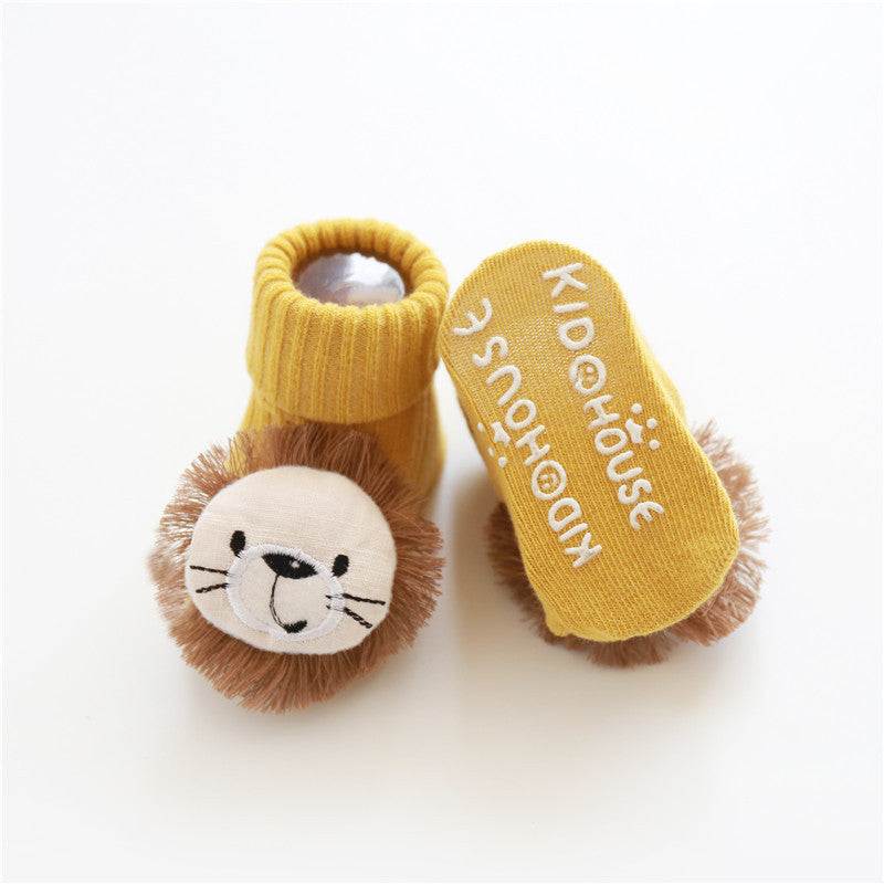 Yellow baby socks with lion face design and non-slip sole, breathable cotton Babysokjes