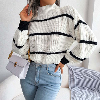 Casual Striped Lantern Sleeve Half High Neck Knitting Sweater Nexora Store