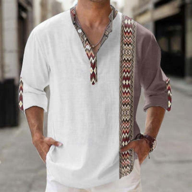 Man wearing a thin casual digital print long sleeve bamboo linen Hawaiian shirt with striped pattern and ethnic design accents