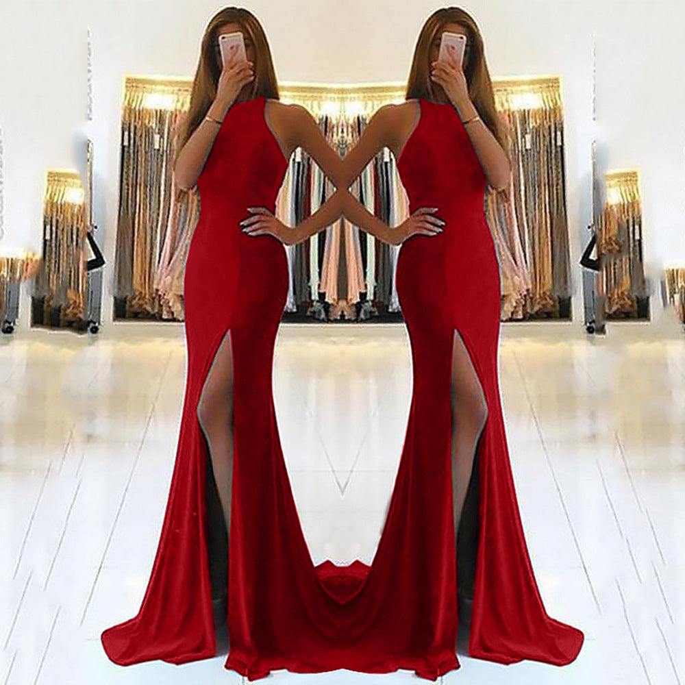sexy rode lange damesjurken met hoge taille en wijde split, elegante avondjurken voor woon-werkverkeer