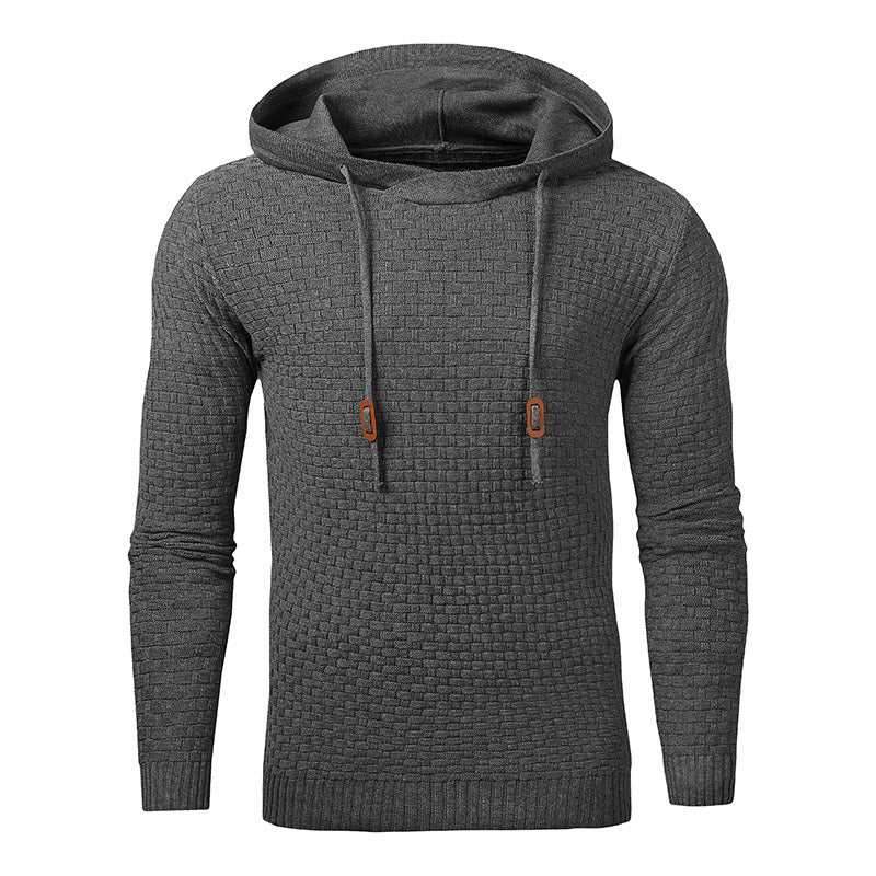 Gray textured men's hoodies sweater with drawstring hood and long sleeves
