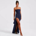strapless split lange jurk navy blauwe elegante avondjurk met hoge taille en A-lijn rok voor damesfeest
