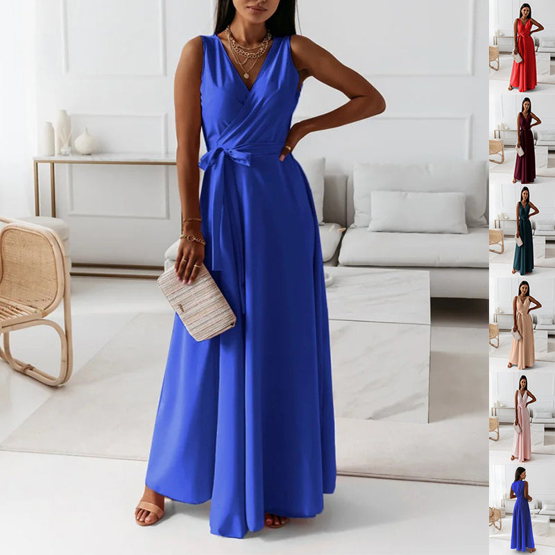 Dames V-hals mouwloze maxi-jurk met riem in blauw voor feest en zomerstijl