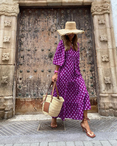 Zomerse dames vintage bedrukte bohemian jurk elegante dames casual losse V-hals korte mouwen lange jurken Nexora Store