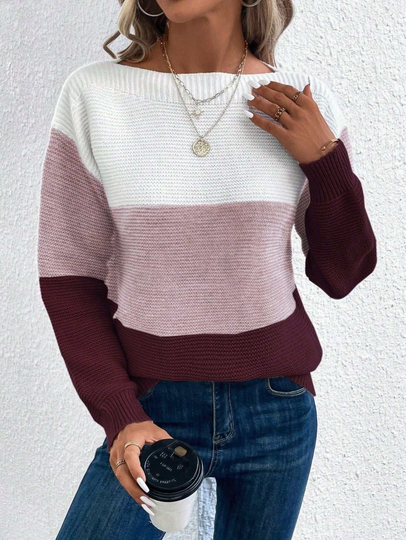 Pullover Knitted Sweater Fashion Round Neck Splicing Knitwear Loose Top Women's Clothing Nexora Store