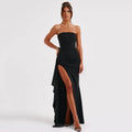 strapless split lange zwarte avondjurk met hoge taille en a-lijn rok voor damesfeest en bruiloft