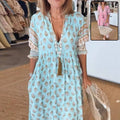 Boheemse printjurk met lantaarnmouwen en V-hals, lange zomerse jurk voor vrouwen, strandkleding in lichte kleuren
