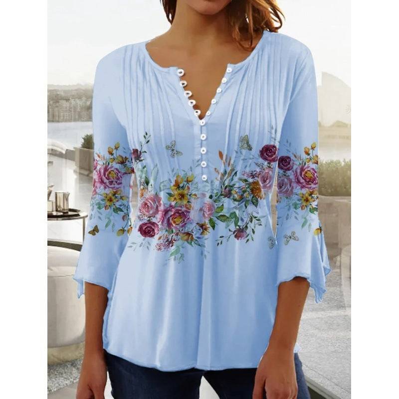Modieus nieuw dames T-shirt met bloemenprint, V-hals, driekwartmouwen, geplooide knopen en basisshirt Nexora Store