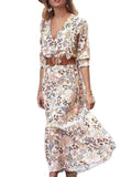 Beige jurk met lange mouwen en bloemenprint en V-hals Nexora Store