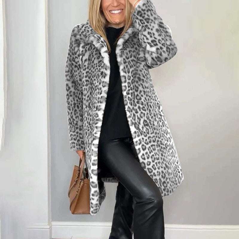 Women's Leopard Print Plush Jacket, Cozy Loose-Fit Warm Coat Elegant Medium-Length Fall Winter Outwear Nexora Store