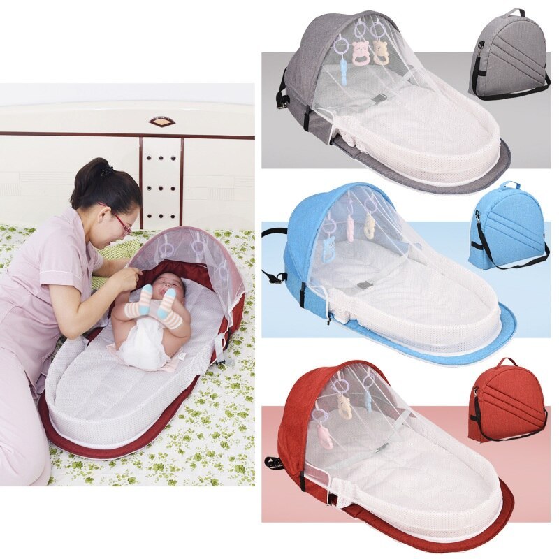 Draagbaar babybed met muggennet en opvouwbare reiszonbescherming in rood, blauw en grijs, inclusief draagtas
