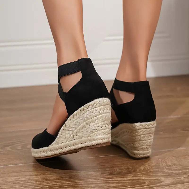 Plus size black sports sandals with elastic band and wedge heel in Roman style