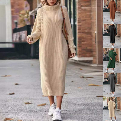 Woman wearing milky white winter turtleneck knitted sweater dress walking outdoors with casual sneakers