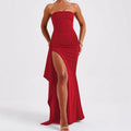 strapless split lange rode jurk met hoge taille en A-lijn rok voor damesfeest en bruiloft