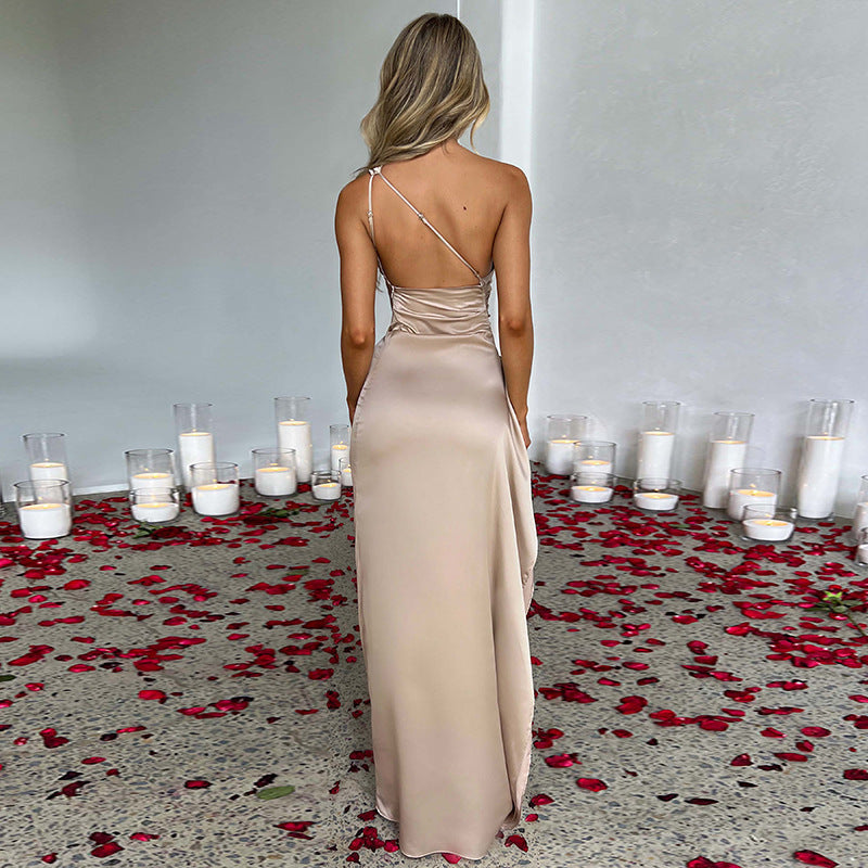 Sexy een-schouder open rug jurk met split Zomer elegante strakke effen satijnen jurken voor vrouwen Nexora Store