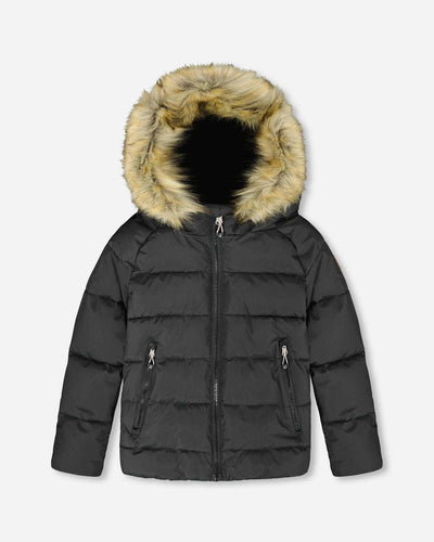 Black puffy winter jacket with horizontal quilting, removable faux fur hood trim, and waterproof coating for cold weather.