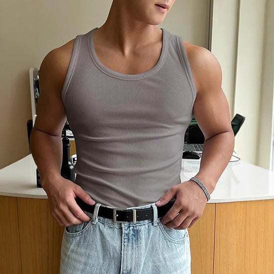 Heren workout fitness tanktop in grijs, strakke pasvorm, polyester stof, zomer sportkleding